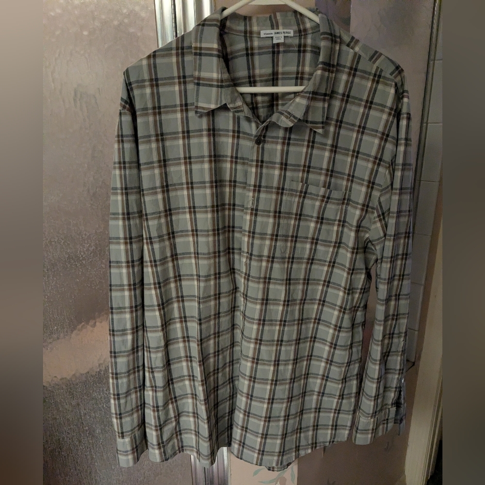 James Perse Size 4 Plaid Dress Shirt Greys Brown And Cream